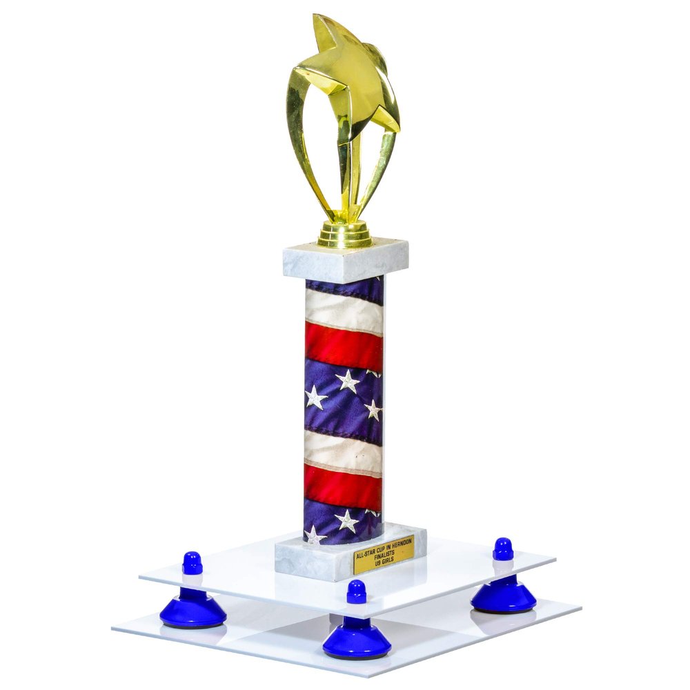 Better Display Cases White Acrylic Large Trophy Pedestal Stand or Base with Dark Blue Risers - 8.75" X 7.75" (A006/V21)