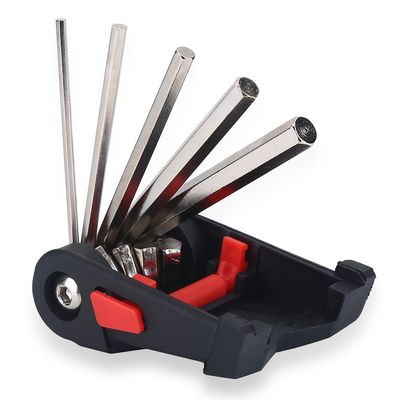 16 in 1 Allen key set, with 7 Allen keys, 3 lockable wrenches, 3 spoke wrenches, 2 tire levers, 2 screwdrivers with chain rivet pullers Cycling