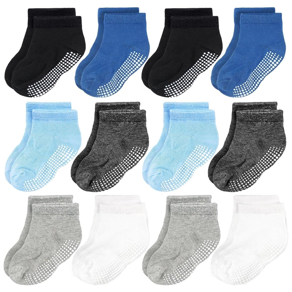 CozyWay Low-Cut Toddler Grip Socks - Non-Slip Grip for Toddler Boy Socks - 1T-3T - Pack of 12 - Blue/White/Black
