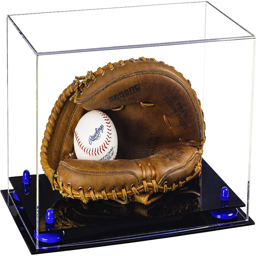 Better Display Cases Clear Acrylic Catchers Glove Display Case with Navy Blue Risers and Black Base (A011/V16)