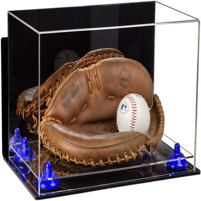 Better Display Cases Acrylic Base and Wall Mountball Catchers Glove Display Case with Mirror Case, Dark Blue Risers, Clear Base and Wall Mount (A011/V16)