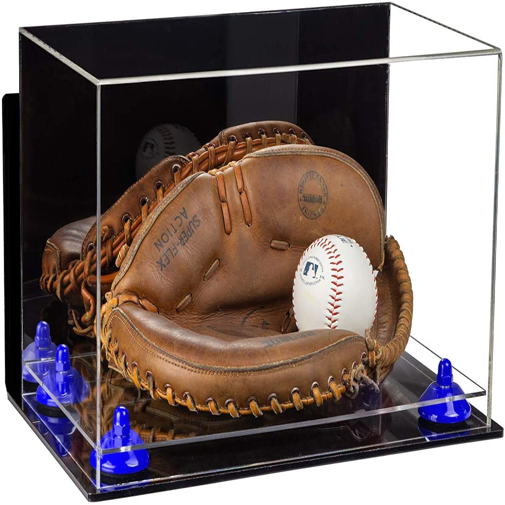 Better Display Cases Acrylic Base and Wall Mountball Catchers Glove Display Case with Mirror Case, Dark Blue Risers, Clear Base and Wall Mount (A011/V16)