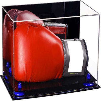 Better Display Cases Acrylic Boxing Glove Display Case with Mirror, Navy Blue Risers and Black Base (V16/A011)