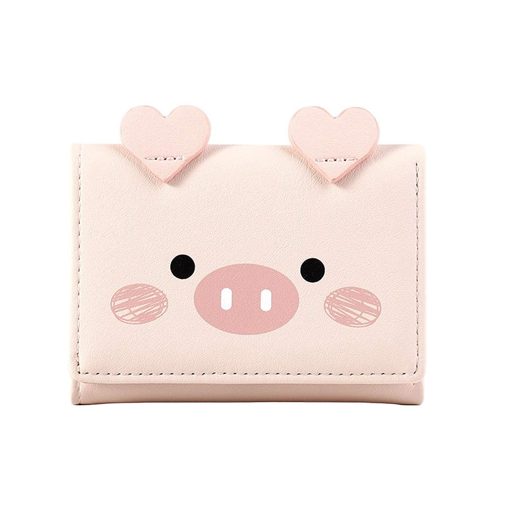 AODEZI Women Girls Wallet Cute Pig Pattern Tri-Fold Wallet PU Leather Purse Slim Small Wallet Cartoon Trifold Card Holder Bag (Pink)
