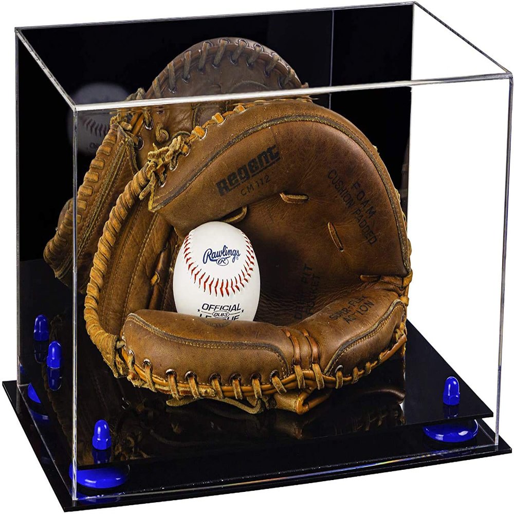 Better Display Cases Acrylic Catchers Glove Display Case with Mirror, Navy Blue Risers and Black Base (A011/V16)