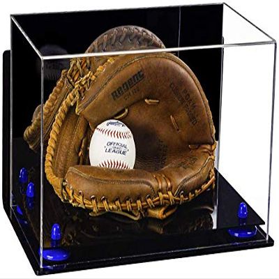 Better Display Cases Acrylic Catchers Glove Display Case with Mirror, Navy Blue Risers, Wall Mount and Black Base (A011/V16)