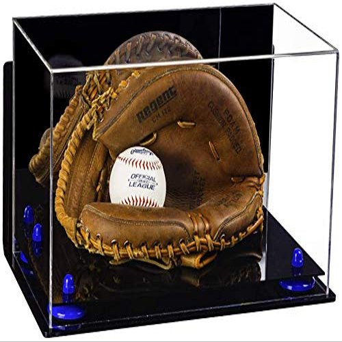 Better Display Cases Acrylic Catchers Glove Display Case with Mirror, Navy Blue Risers, Wall Mount and Black Base (A011/V16)