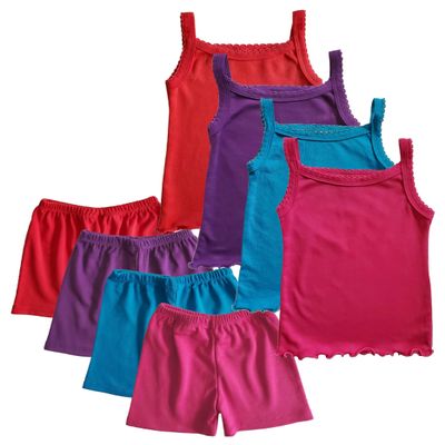 B-One Kids Girls' Matching Cotton Camisole Tank Top & Shorts 8 Piece Sets (Size 3 (24-36 Months), Red Coral, Purple, Turquoise, Fuchsia Cami & Shorts)