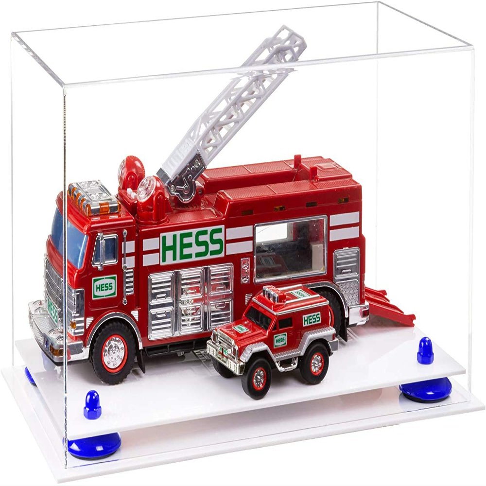 Better Display Cases Versatile Acrylic Clear Display Case - Medium Rectangle Box with Dark Blue Risers and White Base 14" x 8" x 8.5" (V16/A011)