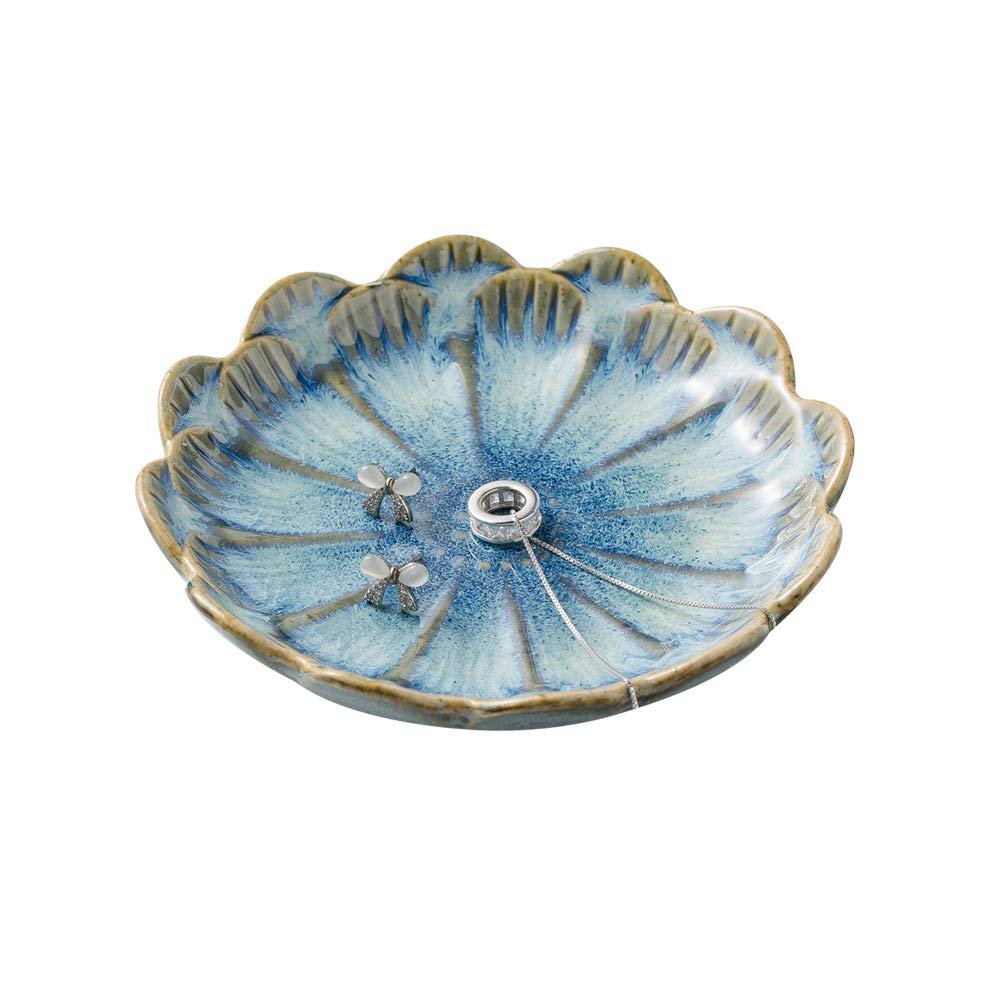 Mecaikru ring holder, flower shape decorative earring stand, jewelry tray, key bowl, trinket dish for women and friends, flower blue