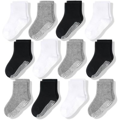 CozyWay Crew Grip Youth Socks - Non-Slip Gripper Soles for Toddler Socks - Soft Comfort Cotton for Toddler Feet - Reinforced Toe for Little Ones - Size 5-7T, Black/White/Gray, 12 Pack