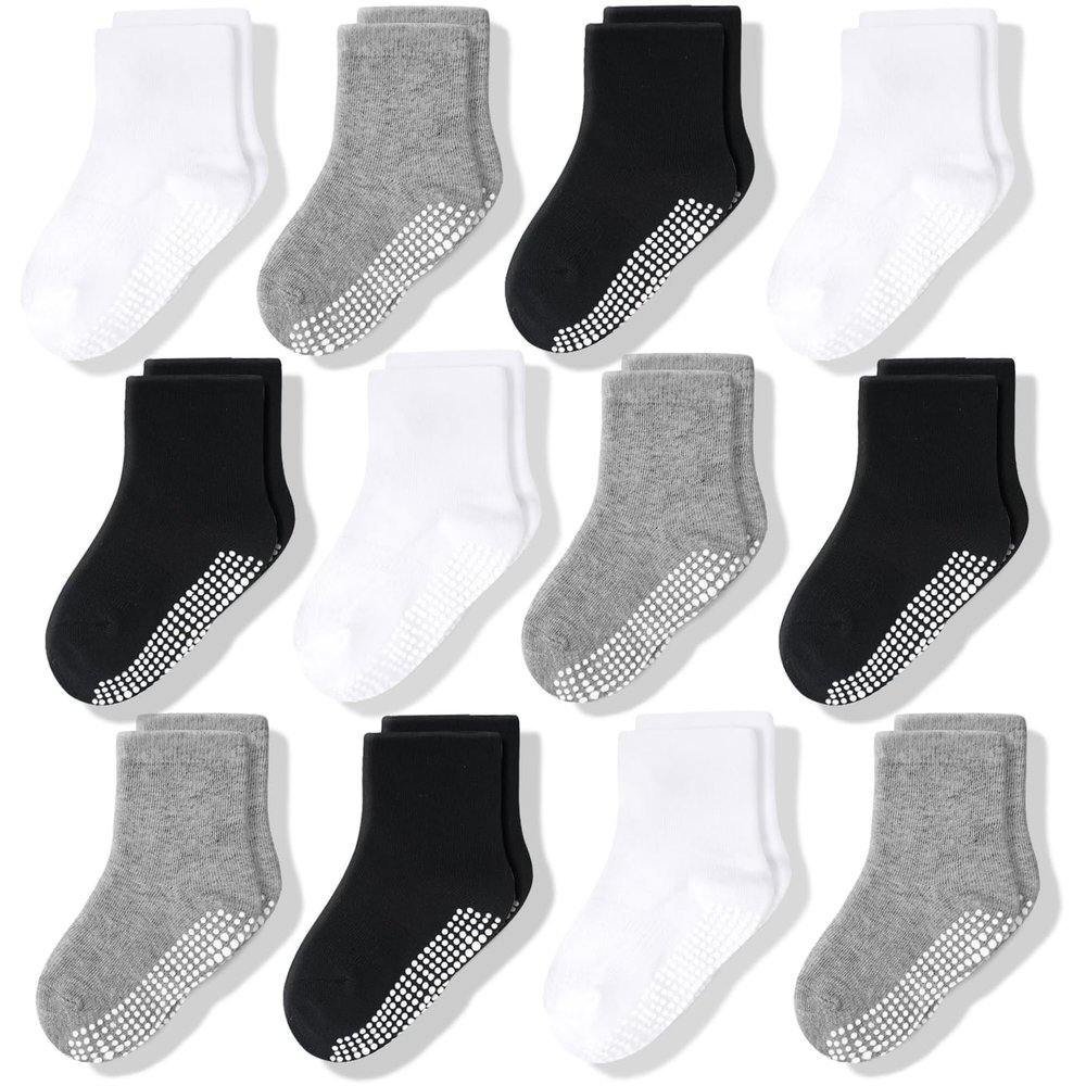 CozyWay Crew Grip Youth Socks - Non-Slip Gripper Soles for Toddler Socks - Soft Comfort Cotton for Toddler Feet - Reinforced Toe for Little Ones - Size 5-7T, Black/White/Gray, 12 Pack