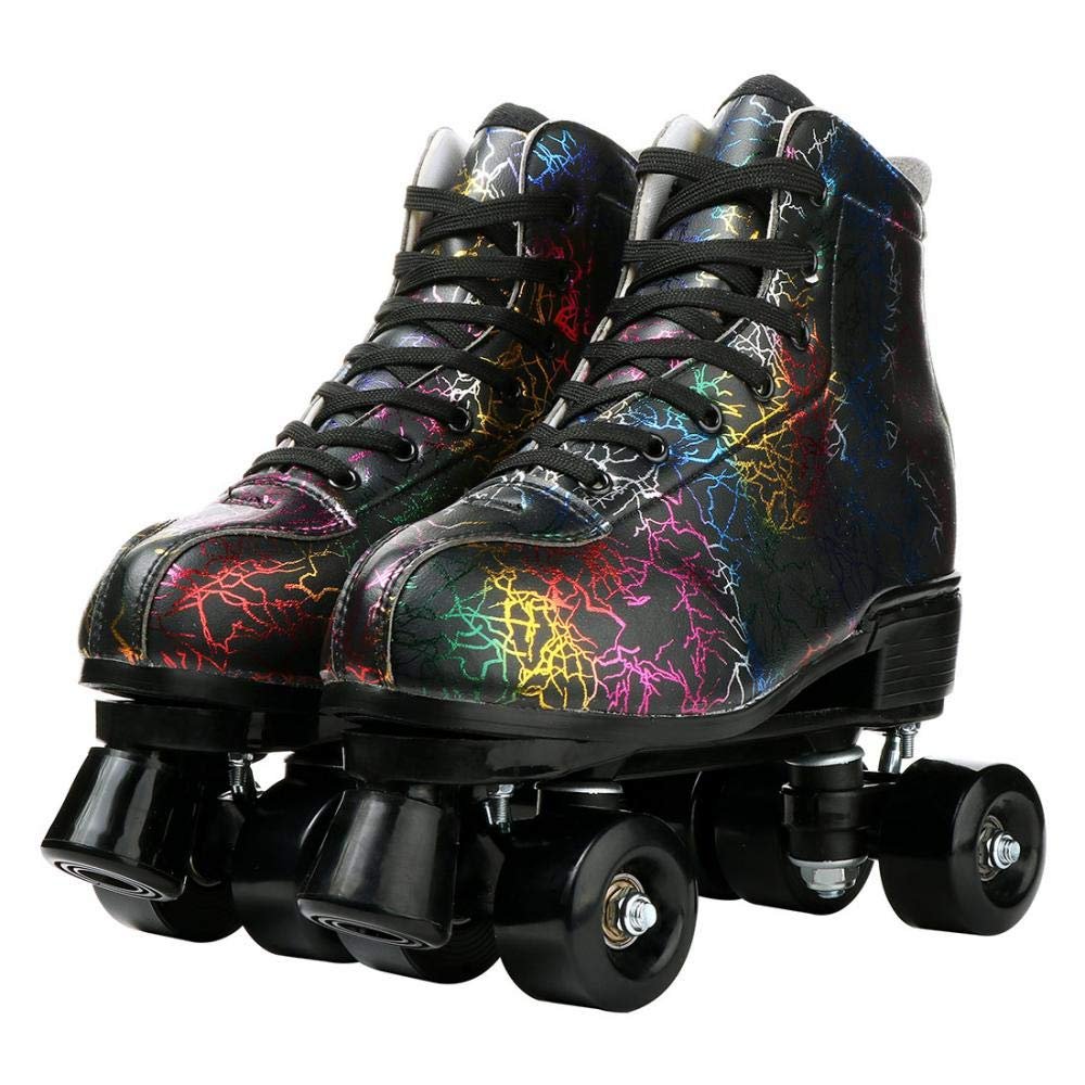 Cowhide High-Top Roller Skates for Women and Men - Classic Double-Row Four-Wheel Skates for Girls Unisex (Lightning Black Black Wheel, 44=US:9)