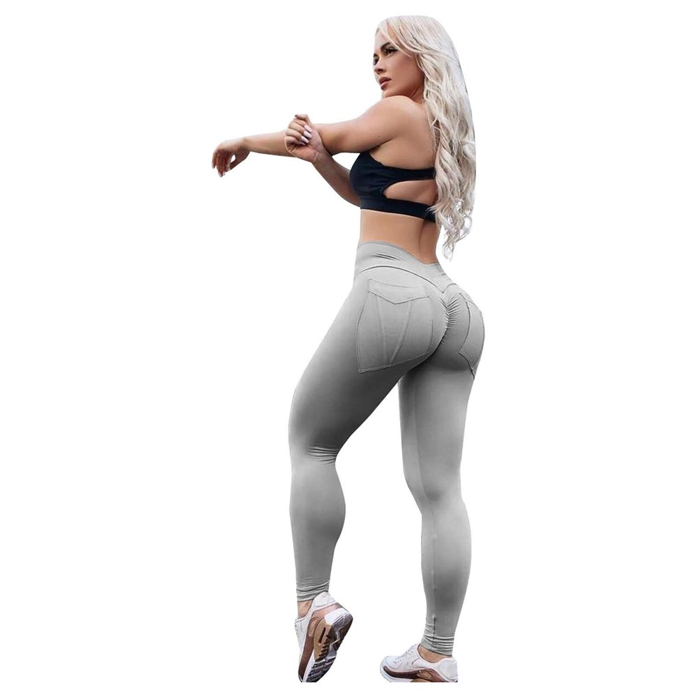 JOFOW Womens Leggings Solid Basic Ruched Butt Back Pocket Sport Pants (Z2-Gray, L)