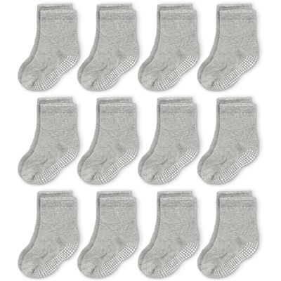 CozyWay Kids Crew Socks - Non-Slip Grip Soles & Grip Socks for Kids - Soft Breathable Cotton Comfort - Size 5-7 Years, Gray, Pack of 12