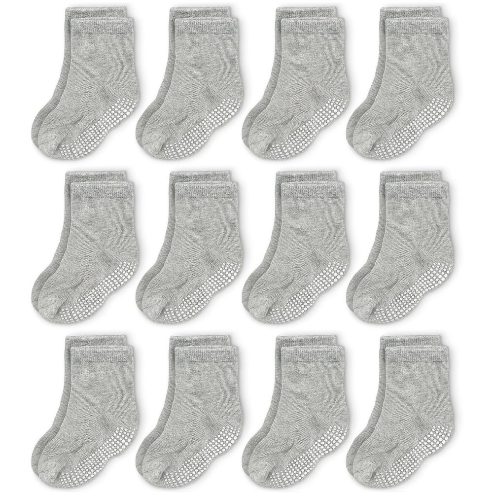 CozyWay Kids Crew Socks - Non-Slip Grip Soles & Grip Socks for Kids - Soft Breathable Cotton Comfort - Size 5-7 Years, Gray, Pack of 12
