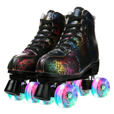 Cowhide High-Top Classic Double-Row Four-Wheel Roller Skates for Women, Men & Girls - Lightning Black Flash Wheel, US:9