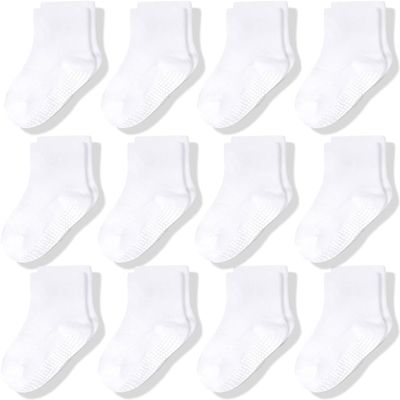 CozyWay Kids Non-Slip Crew Grip Socks - Anti-Slip Soles & Toddler Socks with Grippers - Reinforced Toe & Grippy Soles for Toddlers - 5-7Y, White - Pack of 12
