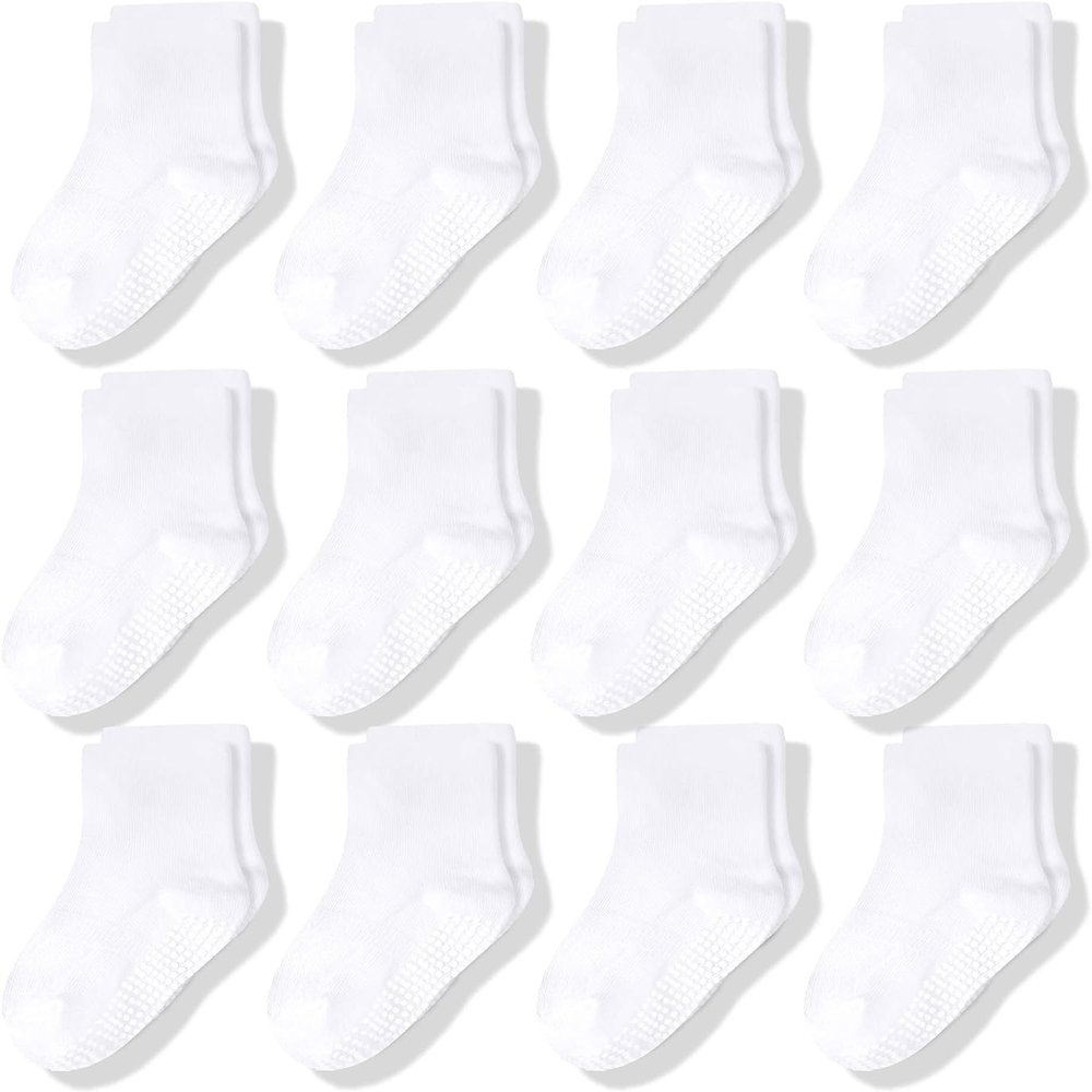 CozyWay Kids Non-Slip Crew Grip Socks - Anti-Slip Soles & Toddler Socks with Grippers - Reinforced Toe & Grippy Soles for Toddlers - 5-7Y, White - Pack of 12