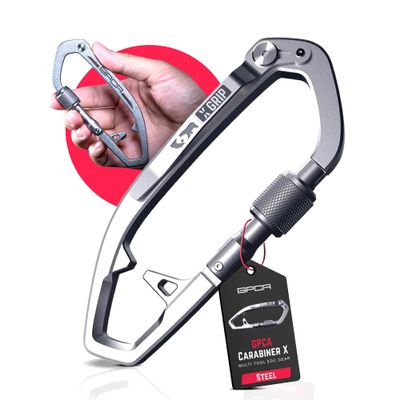 GPCA Multi-Tool Carabiner for Camping, EDC, Dog Leash Clip, Bottle Opener, Pocket Clip, Camping Hiking Essentials, EDC Key Organizer, Universal Size, Lock Indicator (GP X Carabiner, Steel)