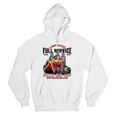 Tee Hunt Full Service Fill 'Er Up Sweatshirt Hot Rod Pin-up Girl Old School Hoodie White Small