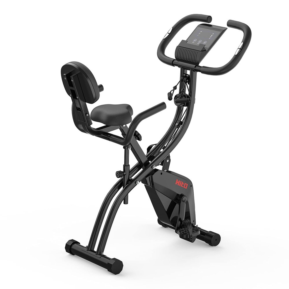 Folding Exercise Bike with Arm Resistance Bands, Magnetic Upright Indoor Cycling Bike Stationary for Home Gym & Cardio Workout