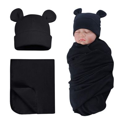 PESAAT Newborn Hospital Hat 0-12Months Preemie Boys Girls Beanie Solid Infant Baby Hats Autumn Winter (US, Age, 0 Months, 6 Months, Black(Hat+Swaddle))