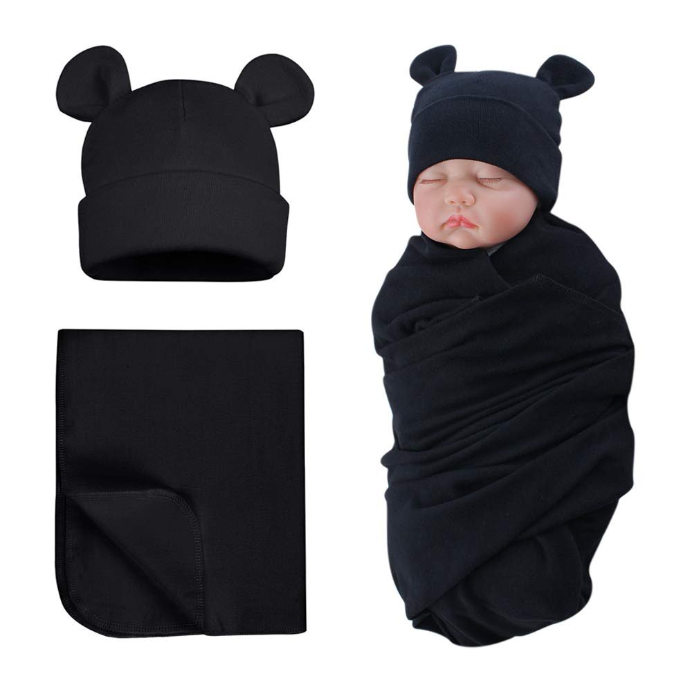 PESAAT Newborn Hospital Hat 0-12Months Preemie Boys Girls Beanie Solid Infant Baby Hats Autumn Winter (US, Age, 0 Months, 6 Months, Black(Hat+Swaddle))