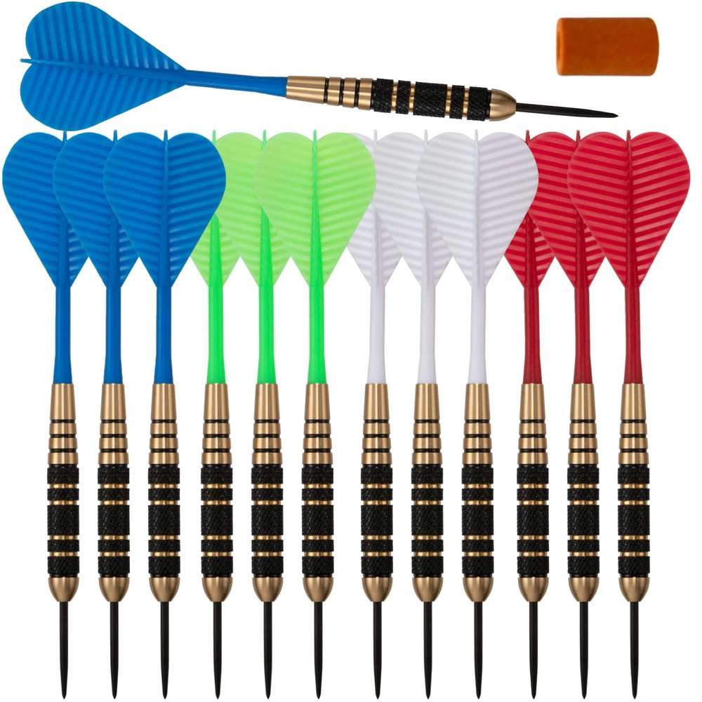 Steel Tip Darts Set |12 pc Bar Darts; 3 of Each Color; Perfect Fun Darts for 4 Players Throwing Metal Tip On Dartboard in Family Game Room, Man Cave (21g Black Knurls-STC10438)