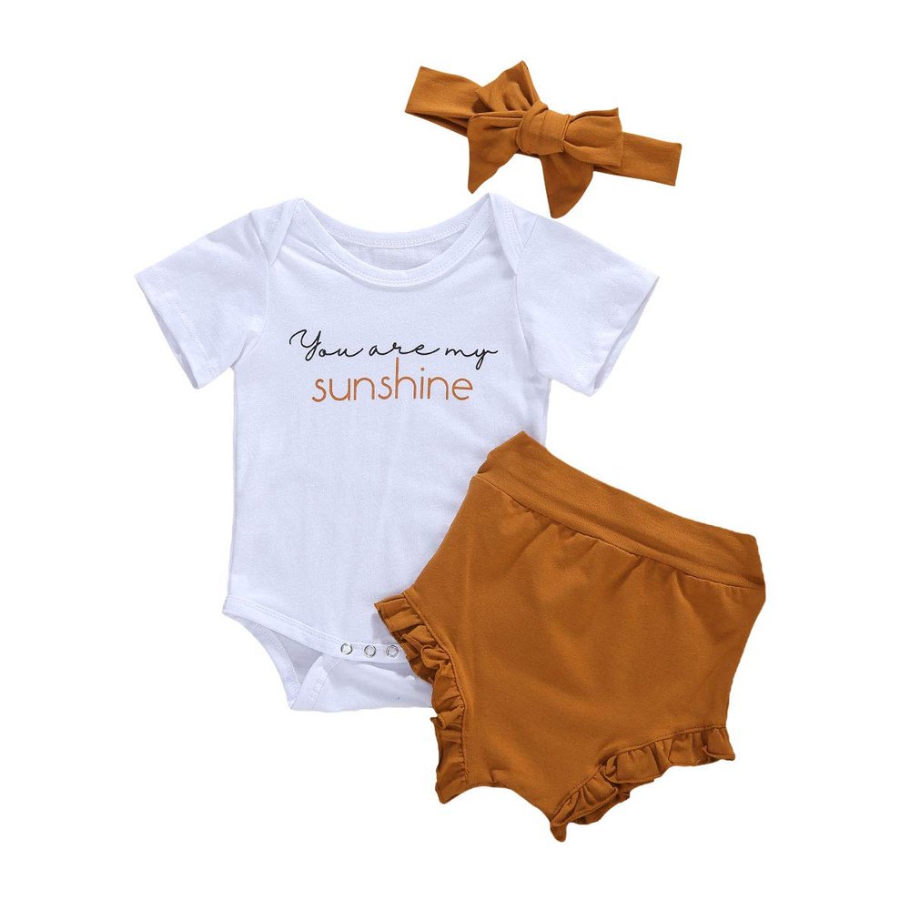 Baby Girl Clothes Set Short Sleeve Romper Jumpsuit Top Ruffle Bottoms Headband Summer Outfits Shorts Set (You are My Sunshine-2, 3-6 Months)