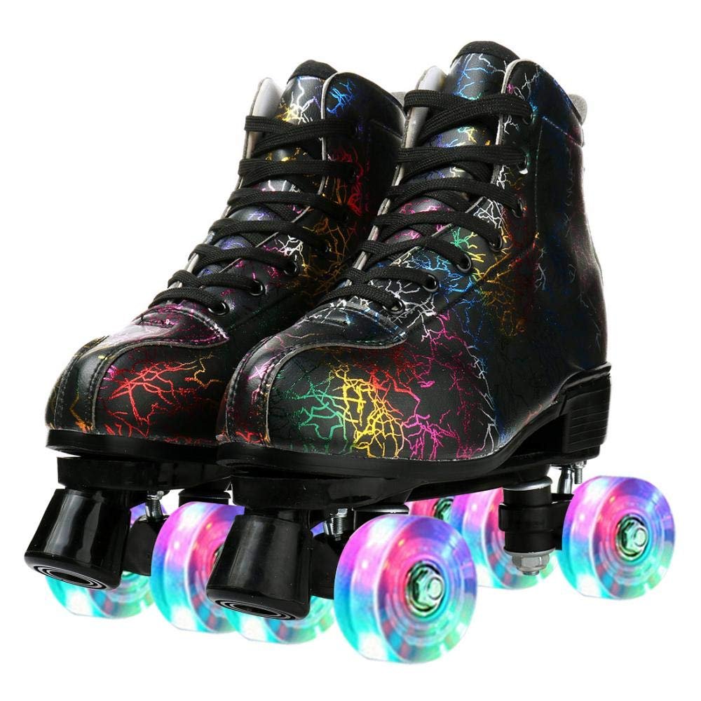 Cowhide High-Top Classic Double-Row Four-Wheel Roller Skates for Women, Men & Girls - Lightning Black Flash Wheel, US:6.5