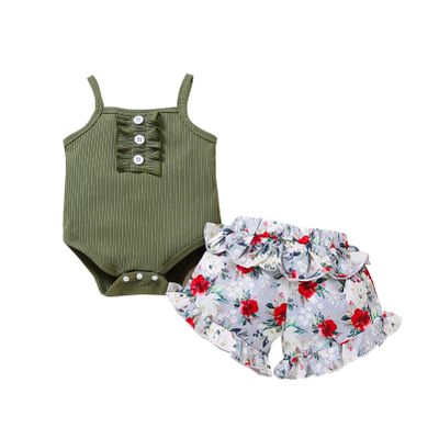 Newborn Baby Girl Clothes Solid Straps Romper Tank Tees Tops+Floral Short Pants Outfit Set Toddler Girl Clothes Shorts Set (Green Romper Shorts Set, 3-6 Months)