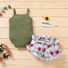 Newborn Baby Girl Clothes Solid Straps Romper Tank Tees Tops+Floral Short Pants Outfit Set Toddler Girl Clothes Shorts Set (Green Romper Shorts Set, 3-6 Months) view 2