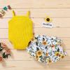 Newborn Baby Girl Clothes Solid Straps Romper Tank Tees Tops+Floral Short Pants Outfit Set Toddler Girl Clothes Shorts Set (Yellow Romper Shorts Set, 12-18 Months) view 2