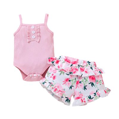 Newborn Baby Girl Clothes Solid Straps Romper Tank Tees Tops+Floral Short Pants Outfit Set Toddler Girl Clothes Shorts Set (Pink Romper Shorts Set, 6-12 Months)