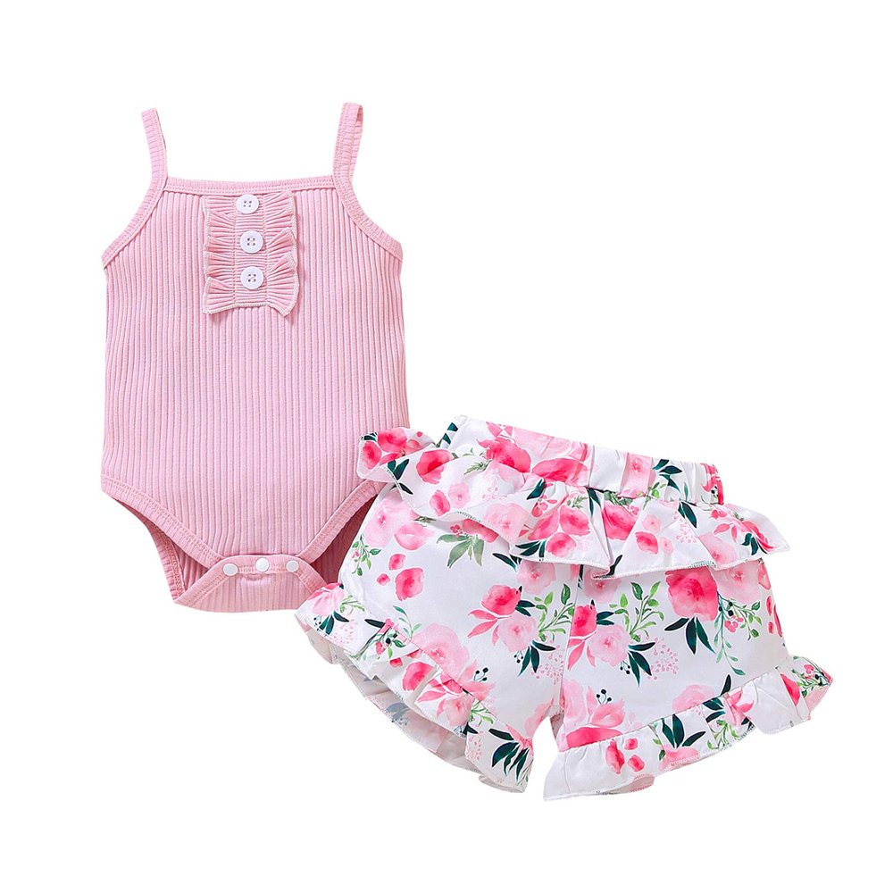 Newborn Baby Girl Clothes Solid Straps Romper Tank Tees Tops+Floral Short Pants Outfit Set Toddler Girl Clothes Shorts Set (Pink Romper Shorts Set, 3-6 Months)