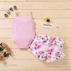 Newborn Baby Girl Clothes Solid Straps Romper Tank Tees Tops+Floral Short Pants Outfit Set Toddler Girl Clothes Shorts Set (Pink Romper Shorts Set, 3-6 Months) view 2