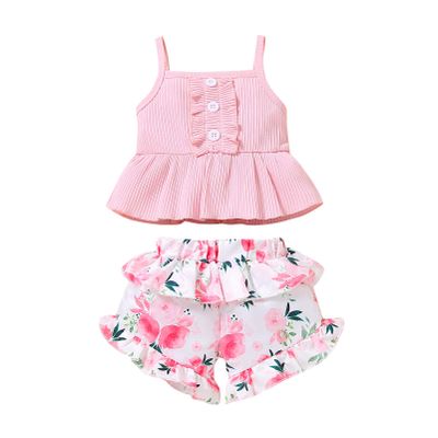 Newborn Baby Girl Clothes Solid Straps Romper Tank Tees Tops+Floral Short Pants Outfit Set Toddler Girl Clothes Shorts Set (Pink Tank tees Shorts Set, 12-18 Months)