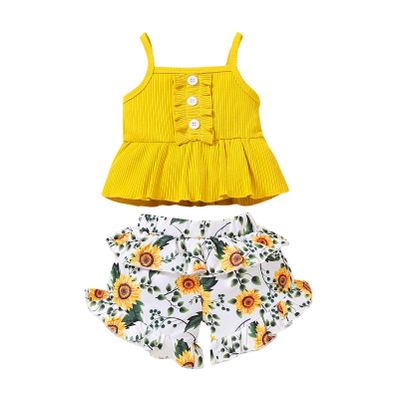 Newborn Baby Girl Clothes Solid Straps Romper Tank Tees Tops+Floral Short Pants Outfit Set Toddler Girl Clothes Shorts Set (Yellow Tank tees Shorts Set, 12-18 Months)