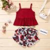 Newborn Baby Girl Clothes Solid Straps Romper Tank Tees Tops+Floral Short Pants Outfit Set Toddler Girl Clothes Shorts Set (Wine Red Tank tees Shorts Set, 18-24 Months) view 2