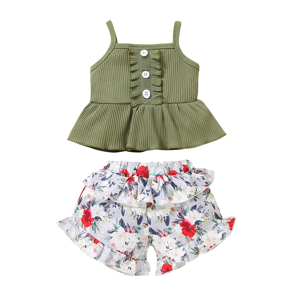Newborn Baby Girl Clothes Solid Straps Romper Tank Tees Tops+Floral Short Pants Outfit Set Toddler Girl Clothes Shorts Set (Green Tank tees Shorts Set, 12-18 Months)