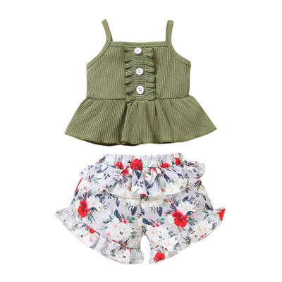 Newborn Baby Girl Clothes Solid Straps Romper Tank Tees Tops+Floral Short Pants Outfit Set Toddler Girl Clothes Shorts Set (Green Tank tees Shorts Set, 18-24 Months)