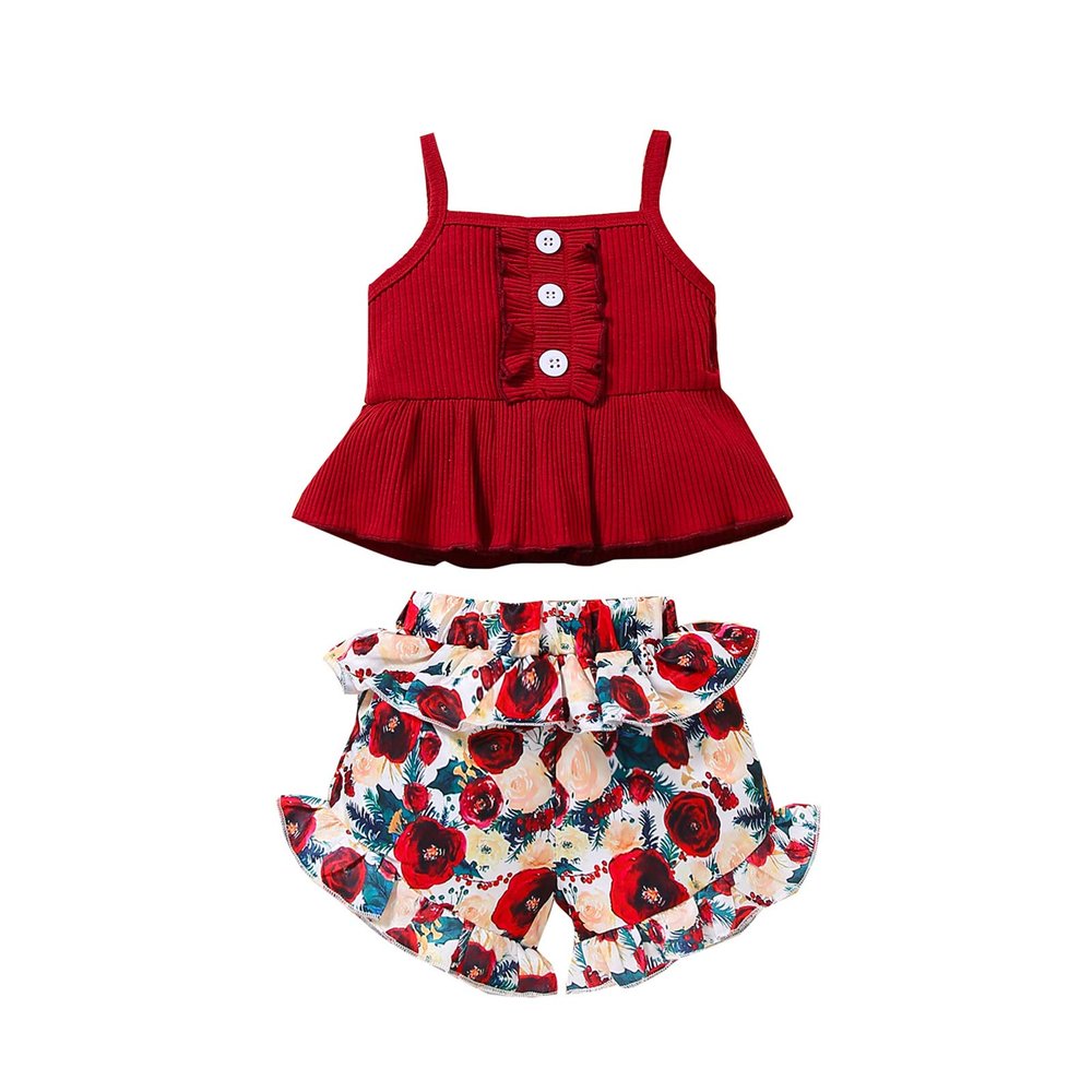 Newborn Baby Girl Clothes Solid Straps Romper Tank Tees Tops+Floral Short Pants Outfit Set Toddler Girl Clothes Shorts Set (Wine Red Tank tees Shorts Set, 6-12 Months)