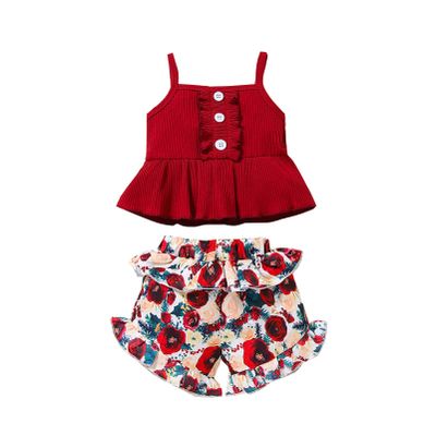 Newborn Baby Girl Clothes Solid Straps Romper Tank Tees Tops+Floral Short Pants Outfit Set Toddler Girl Clothes Shorts Set (Wine Red Tank tees Shorts Set, 12-18 Months)