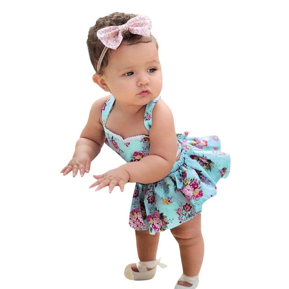 Digood Girls Dress&Skirt,Newborn Infant Baby Girls Backless Lacing Floral Print Romper Dress Sundress,Kids Summer Clothes (Blue,6-12 M)