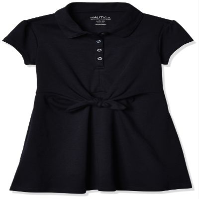 Nautica Girls School Uniform Short Sleeve Polo Dress, Navy Front Tie, 6X