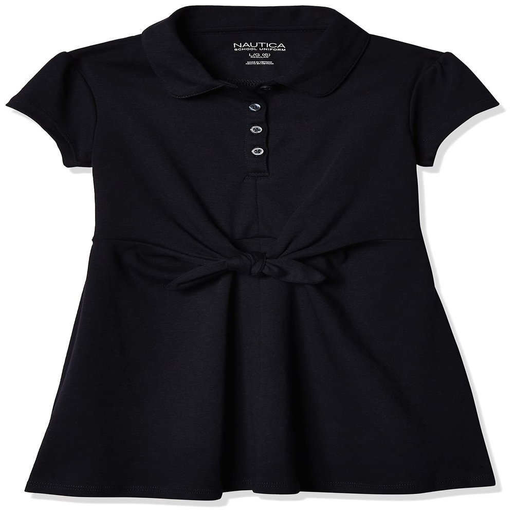 Nautica Girls School Uniform Short Sleeve Polo Dress, Navy Front Tie, 6X