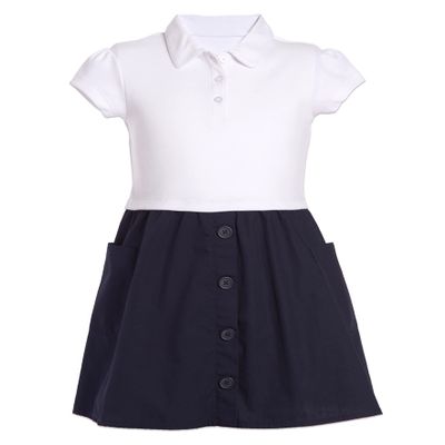 Nautica Big Girls School Uniform Short Sleeve Polo Dress, White/Navy Poplin, 16