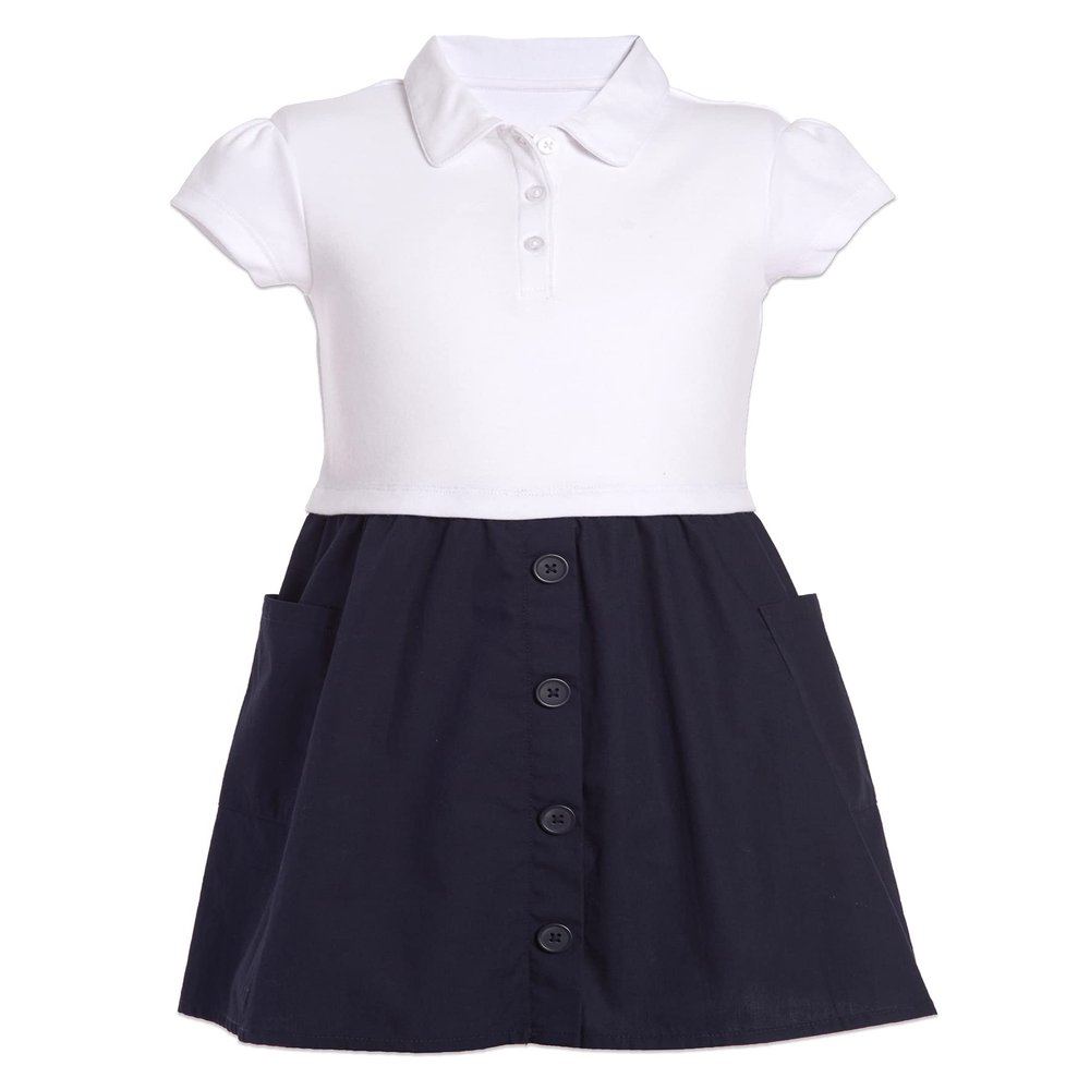 Nautica Big Girls School Uniform Short Sleeve Polo Dress, White/Navy Poplin, 16