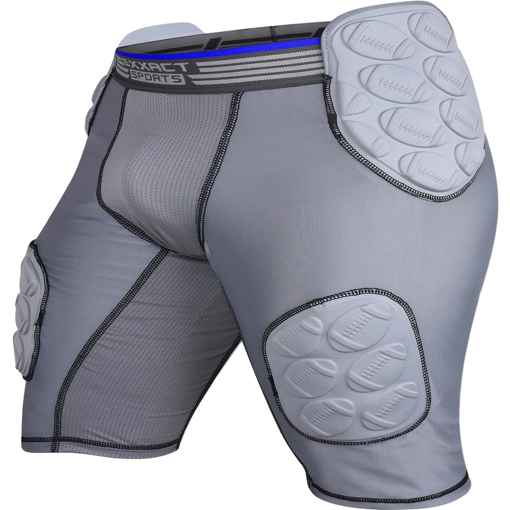 Exxact Sports Touchdown 5-Pad Youth Football Girdle with Cup Pocket, Lightweight Padded Compression Shorts with Integrated Hip, Thigh, Tailbone Pads, Boys Girdle Football (YM, Gray)